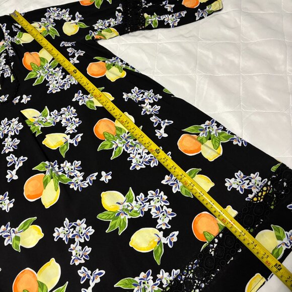 Crown & Ivy XL Black Citrus Lemons Oranges Boho Dress Pom Trim Crochet Rayon - Picture 13 of 15